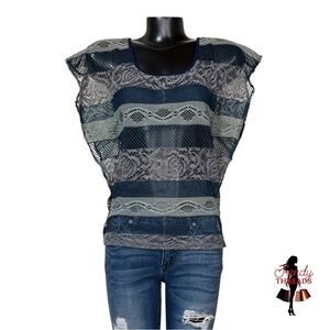 6Degrees VINTAGE Y2K Blue Gray Lace Top Open Back Flutter Sleeves Medium Shirt